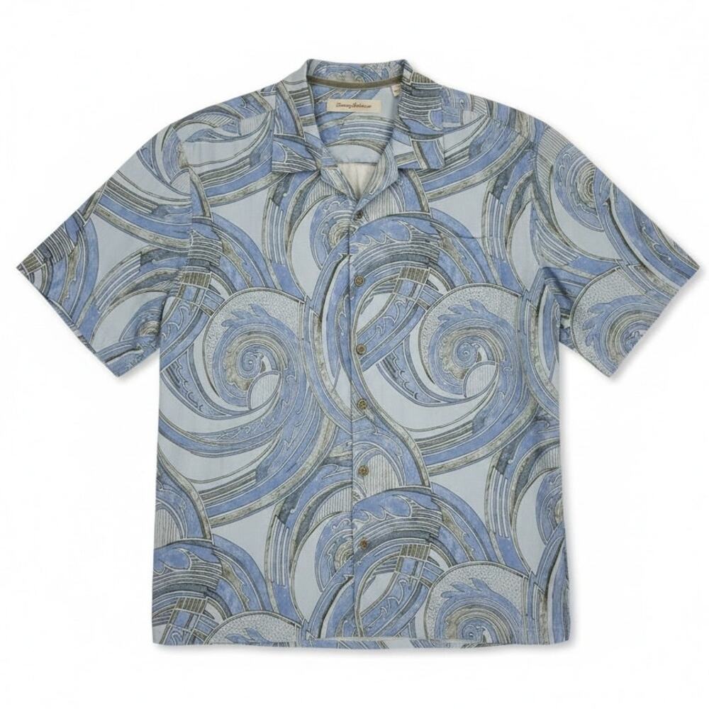 TOMMY BAHAMA HAWAIIAN Shirt Men’s Size LARGE Blue 100% SILK Short-Sleeve